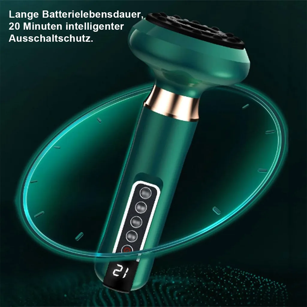 Ein grünes Handgerät mit goldenem Ring und einem digitalen Display.