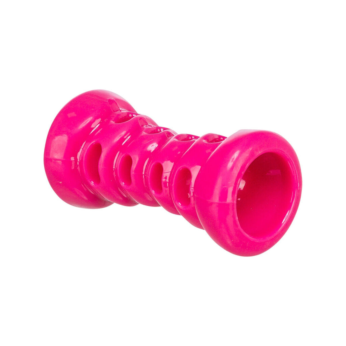 Ein leuchtend pinker Hundespielzeug-Knochen mit ovalen Löchern.