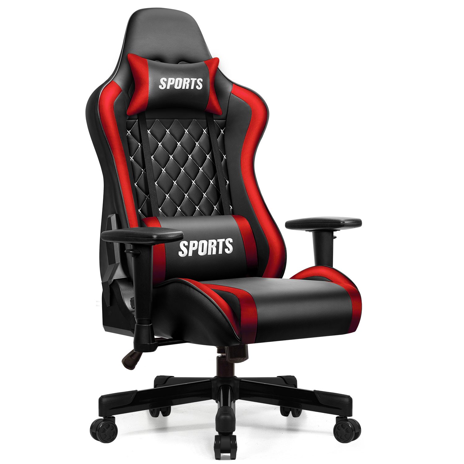 Schwarzer und roter Gaming-Stuhl mit "SPORTS"-Logo auf den Kissen.