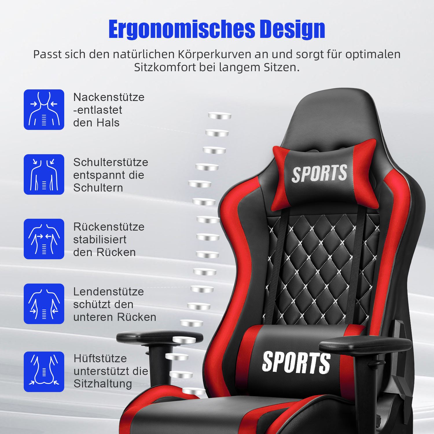 Ergonomischer Sportsitz mit Nacken-, Schulter-, Rücken-, Lenden- und Hüftstütze.