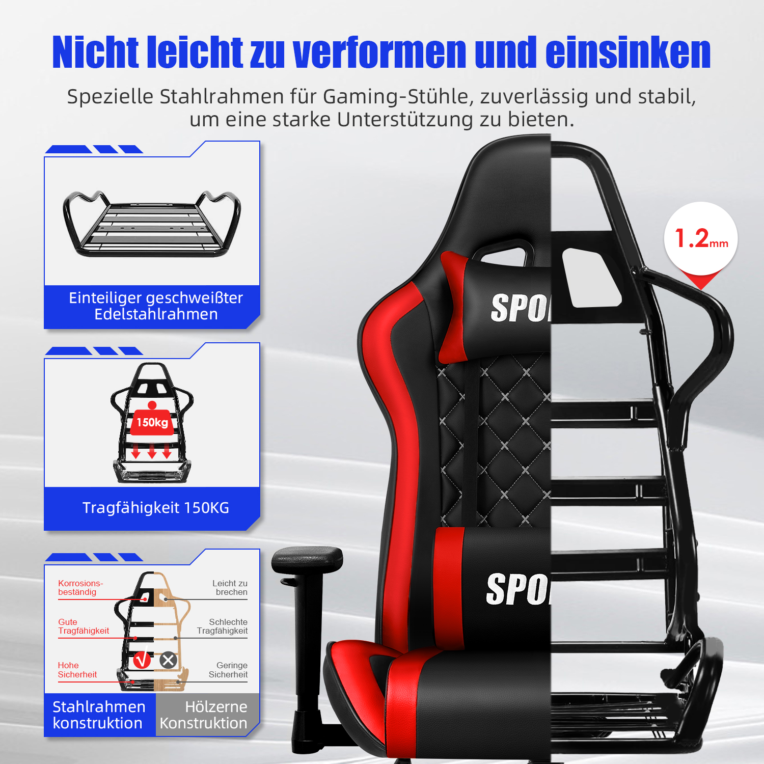 Gaming-Stuhl mit Stahlrahmen, 150kg Tragfähigkeit, korrosionsbeständig.