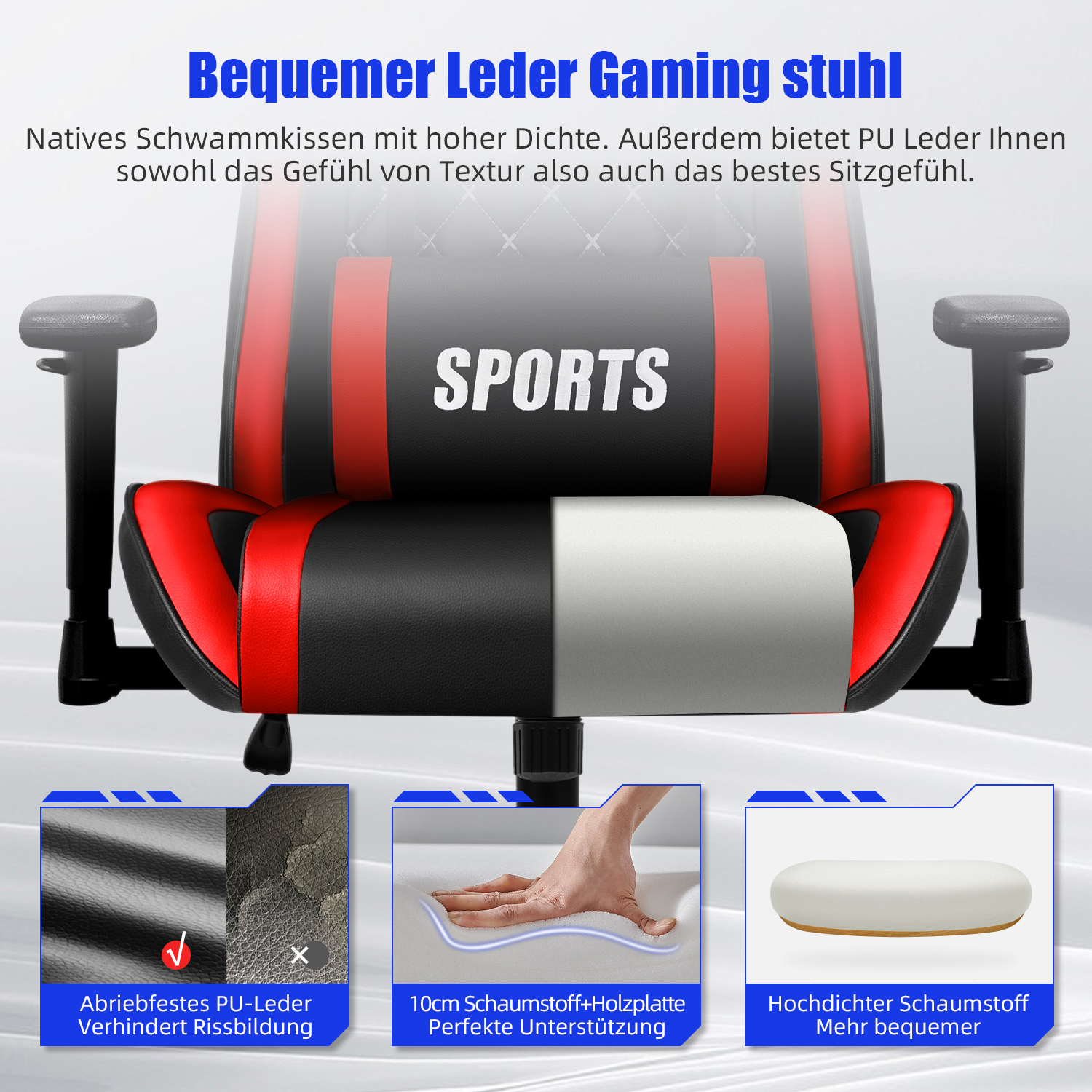 Ein roter und schwarzer Gaming-Stuhl mit der Aufschrift SPORTS. Details zeigen PU-Leder.