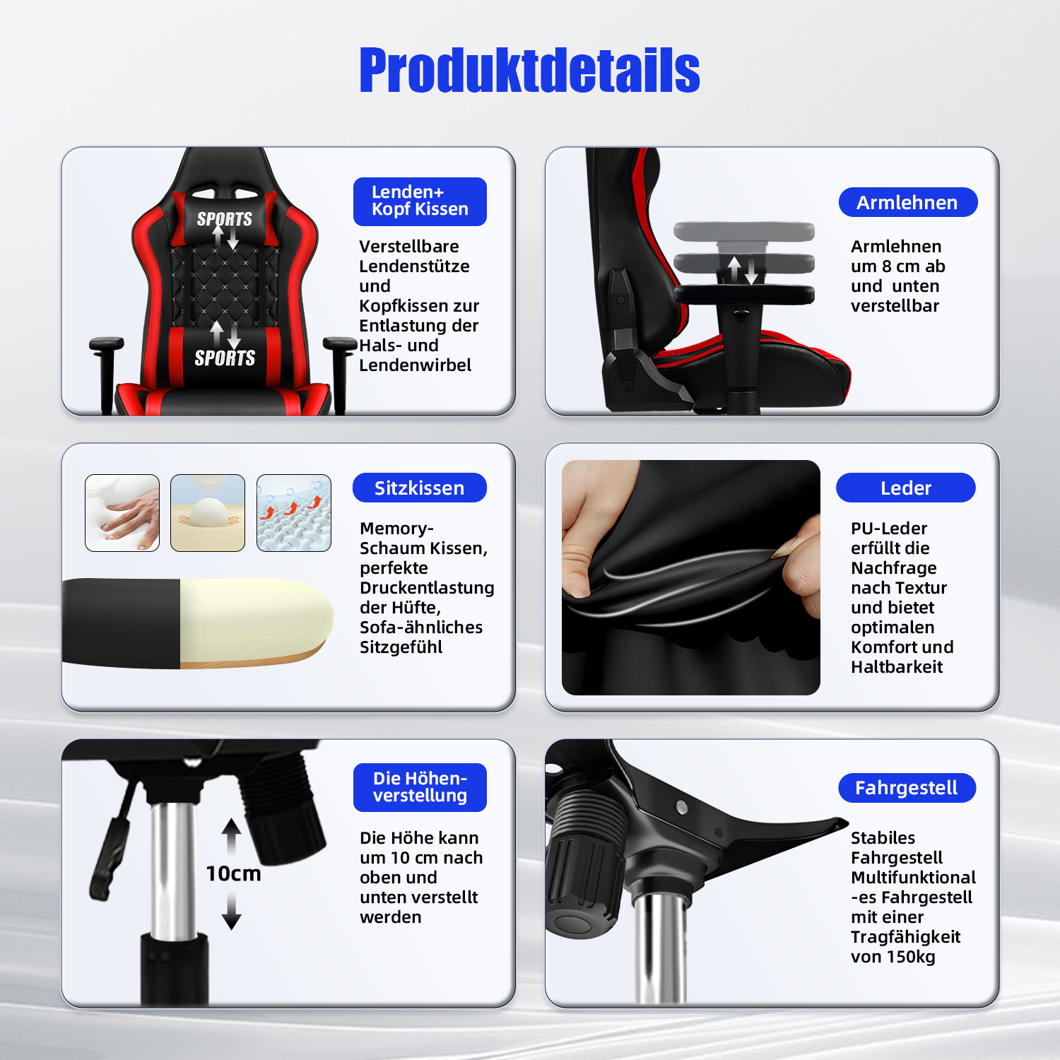 Produktübersicht: Gaming-Stuhl mit Kissen, Armlehnen, Sitz und Fahrgestell.