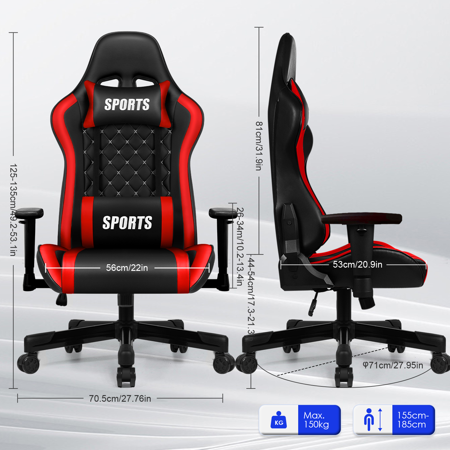 Ein roter und schwarzer Gaming-Stuhl mit den Maßen und Logos.