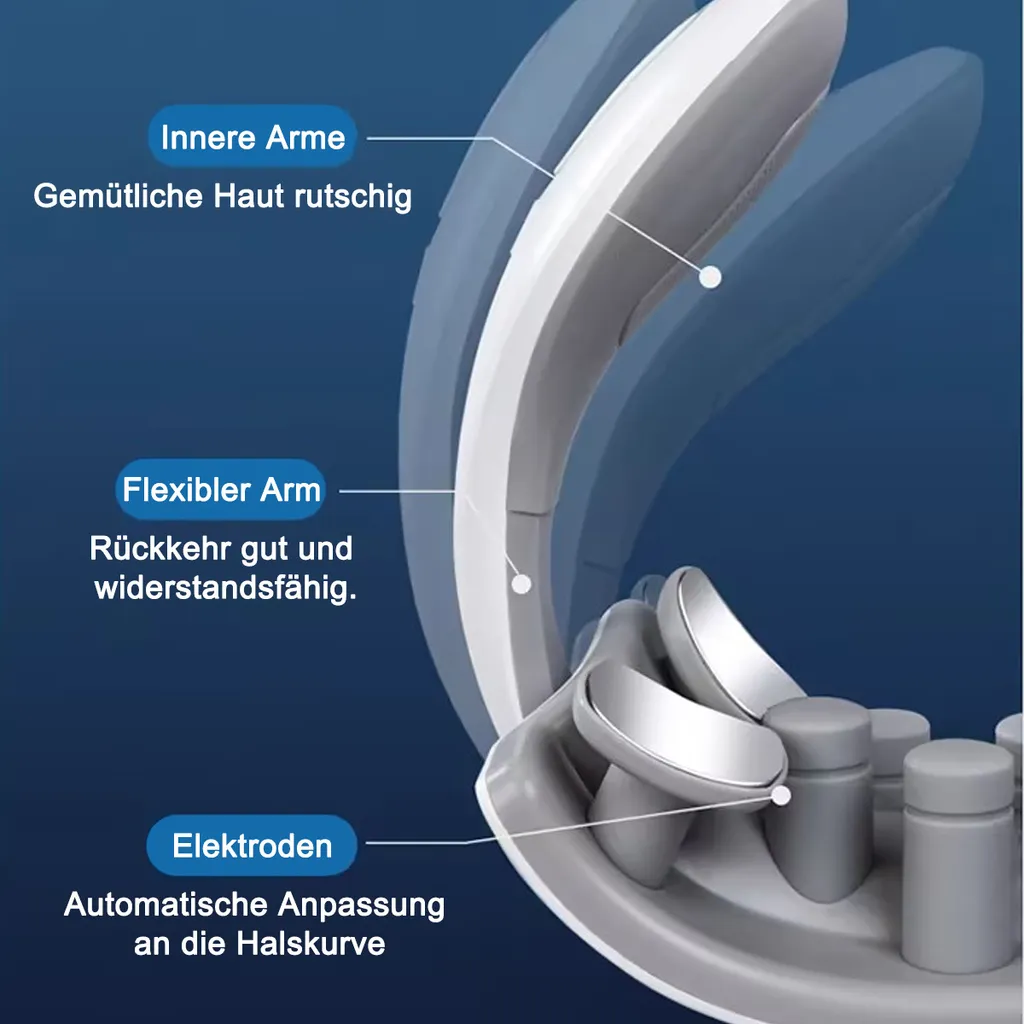 Ein Nackenmassagegerät mit inneren Armen, flexiblem Arm und Elektroden.