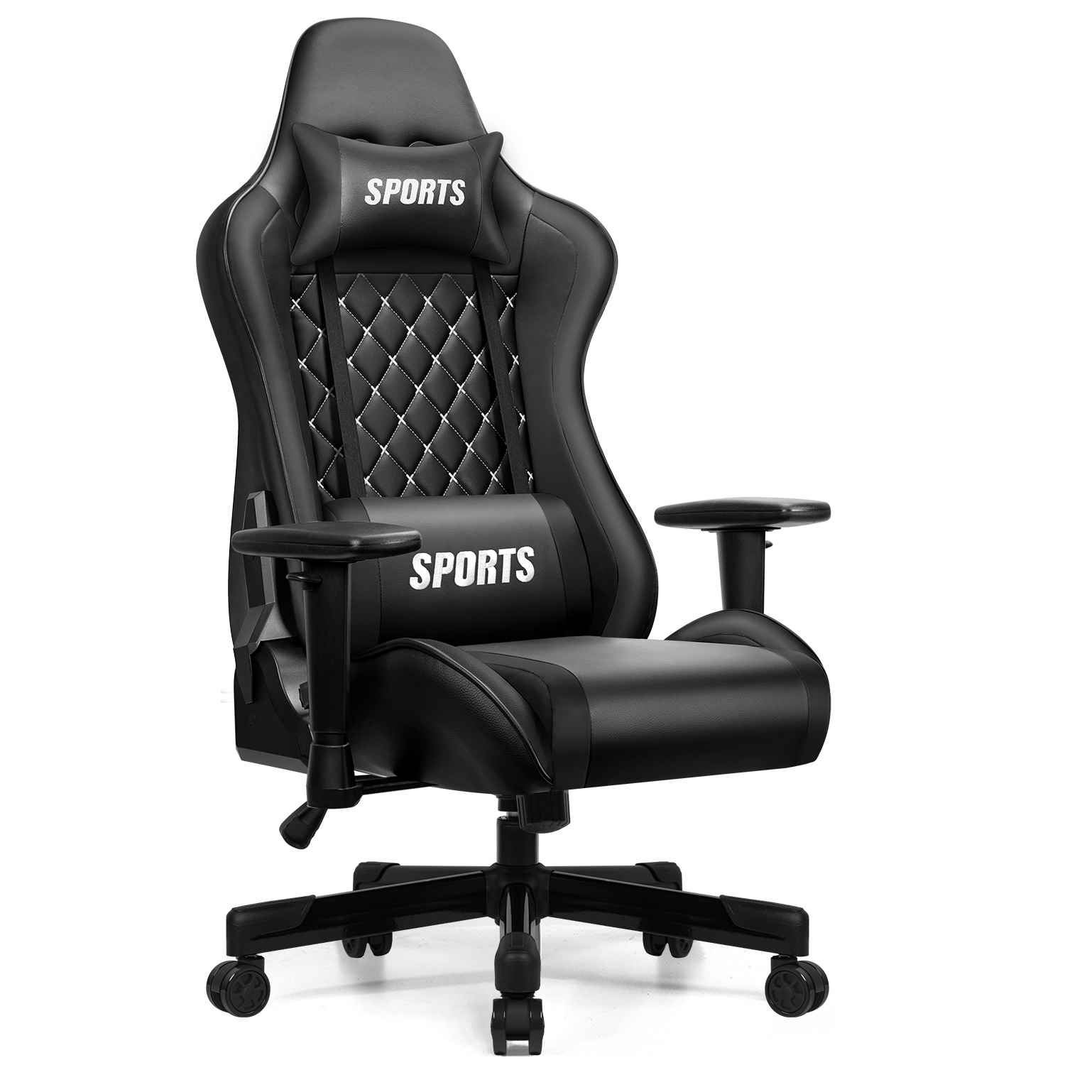 Schwarzer Gaming-Stuhl mit weißer Steppung und dem Schriftzug "SPORTS" auf Kopfkissen und Rückenlehne.