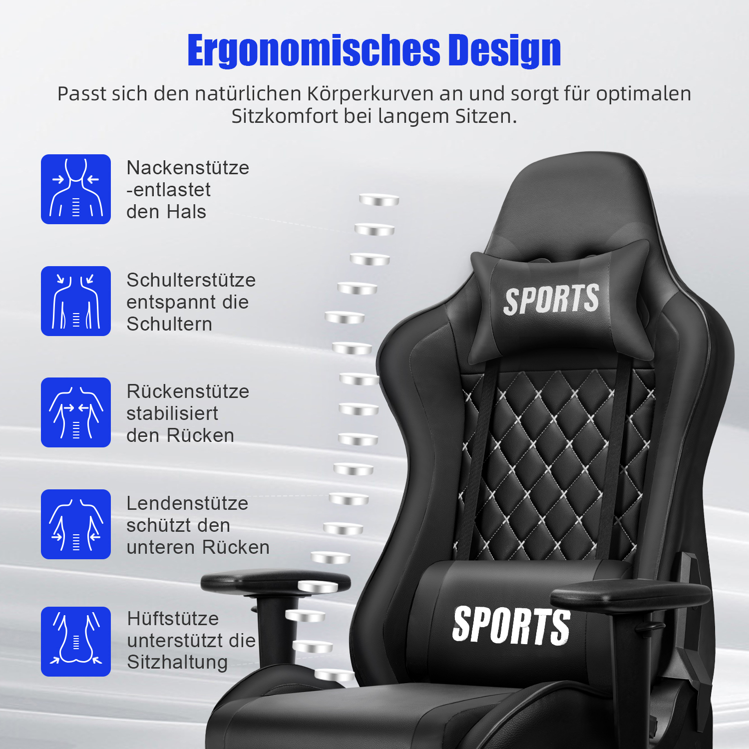 Schwarzer ergonomischer Bürostuhl mit "SPORTS"-Logo, Nacken- und Lendenstützen.