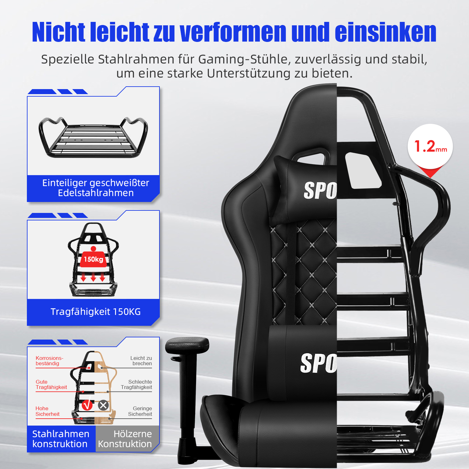 Gaming-Stuhl mit Stahlrahmen, belastbar bis 150kg, 1.2mm dick.