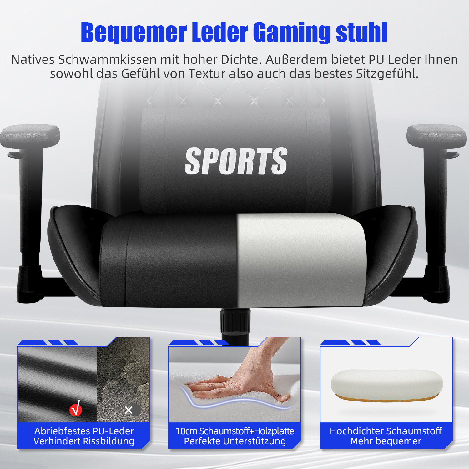 Schwarzer Gaming-Stuhl mit weißem und schwarzem Sitz. Zeigt PU-Leder und Schaumstoff.