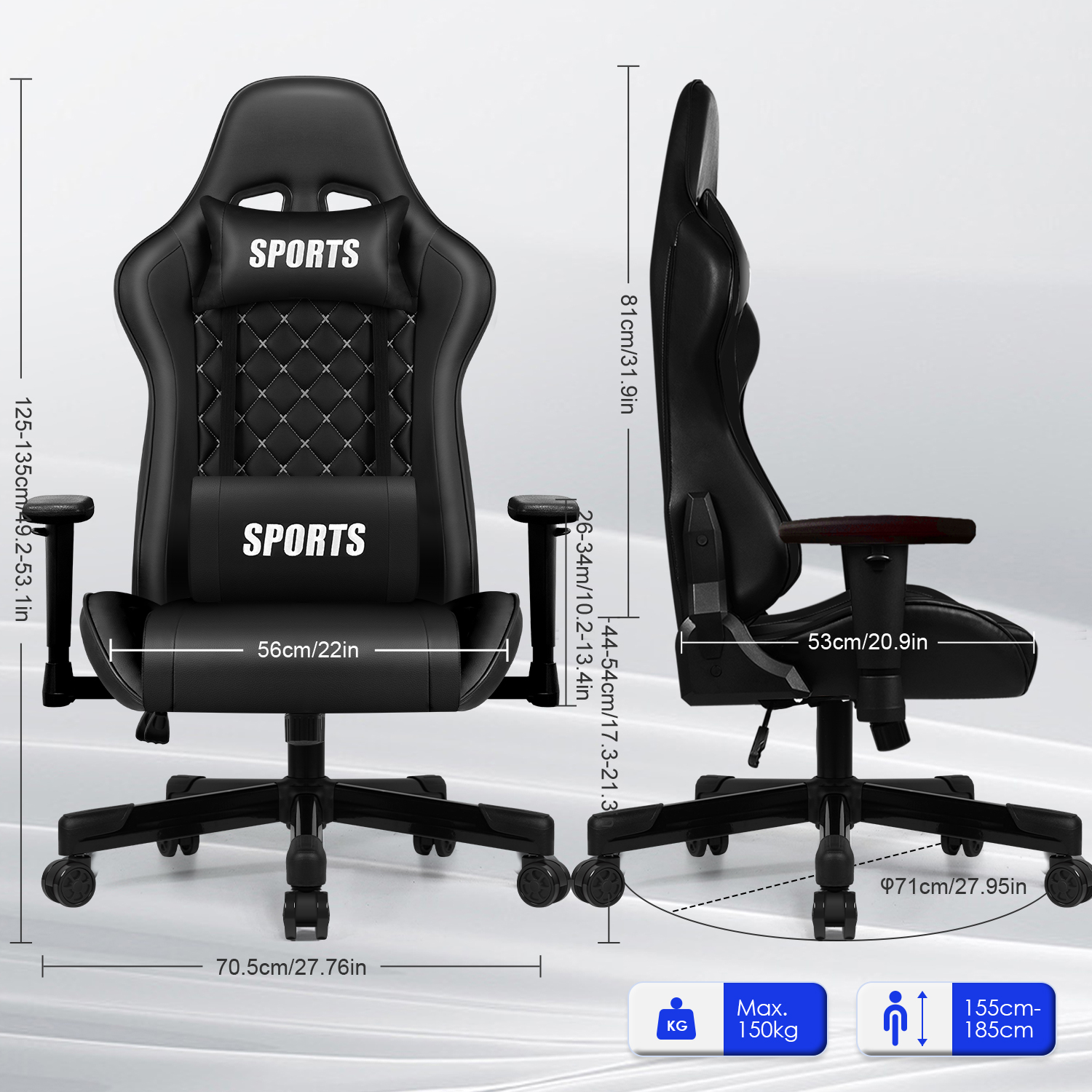 Schwarzer Gaming-Stuhl mit Rollen, verstellbarer Rückenlehne und Kopfkissen.