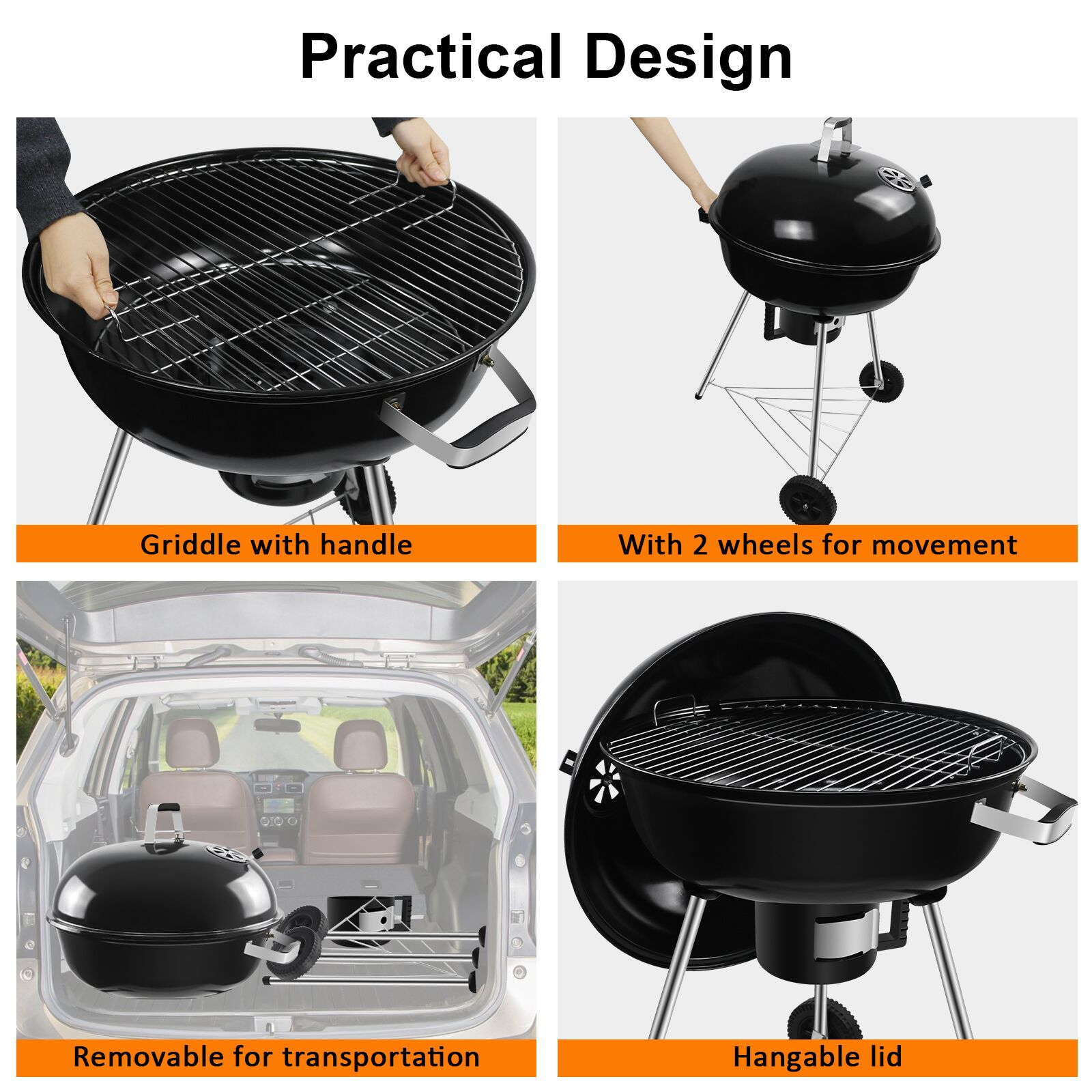 Vier Bilder zeigen Merkmale eines schwarzen Holzkohlegrills: Rost, Räder, Tragbarkeit und Deckel.