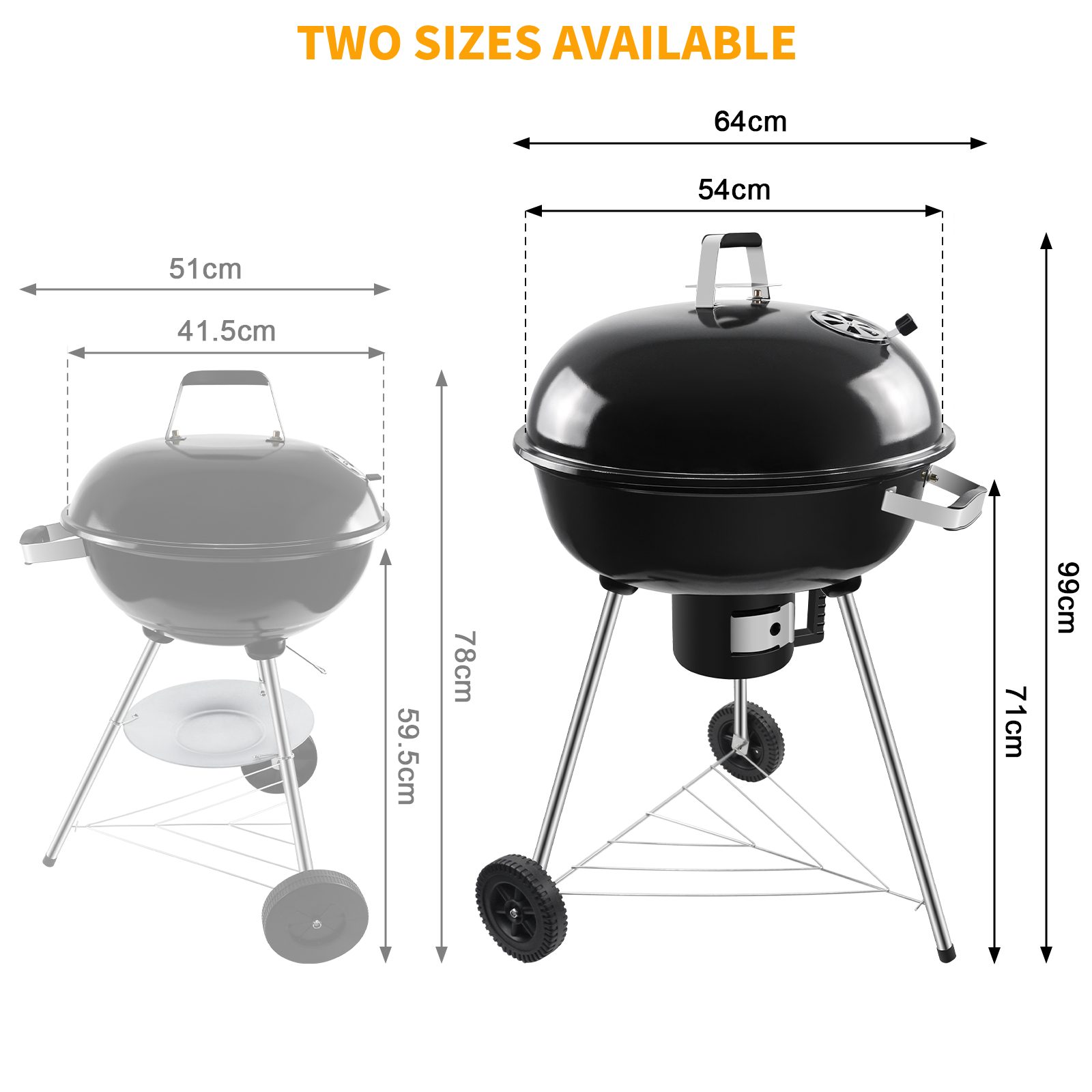 Zwei Grillgrößen mit Maßen. Links ein kleinerer grauer Grill, rechts ein größerer schwarzer Grill.