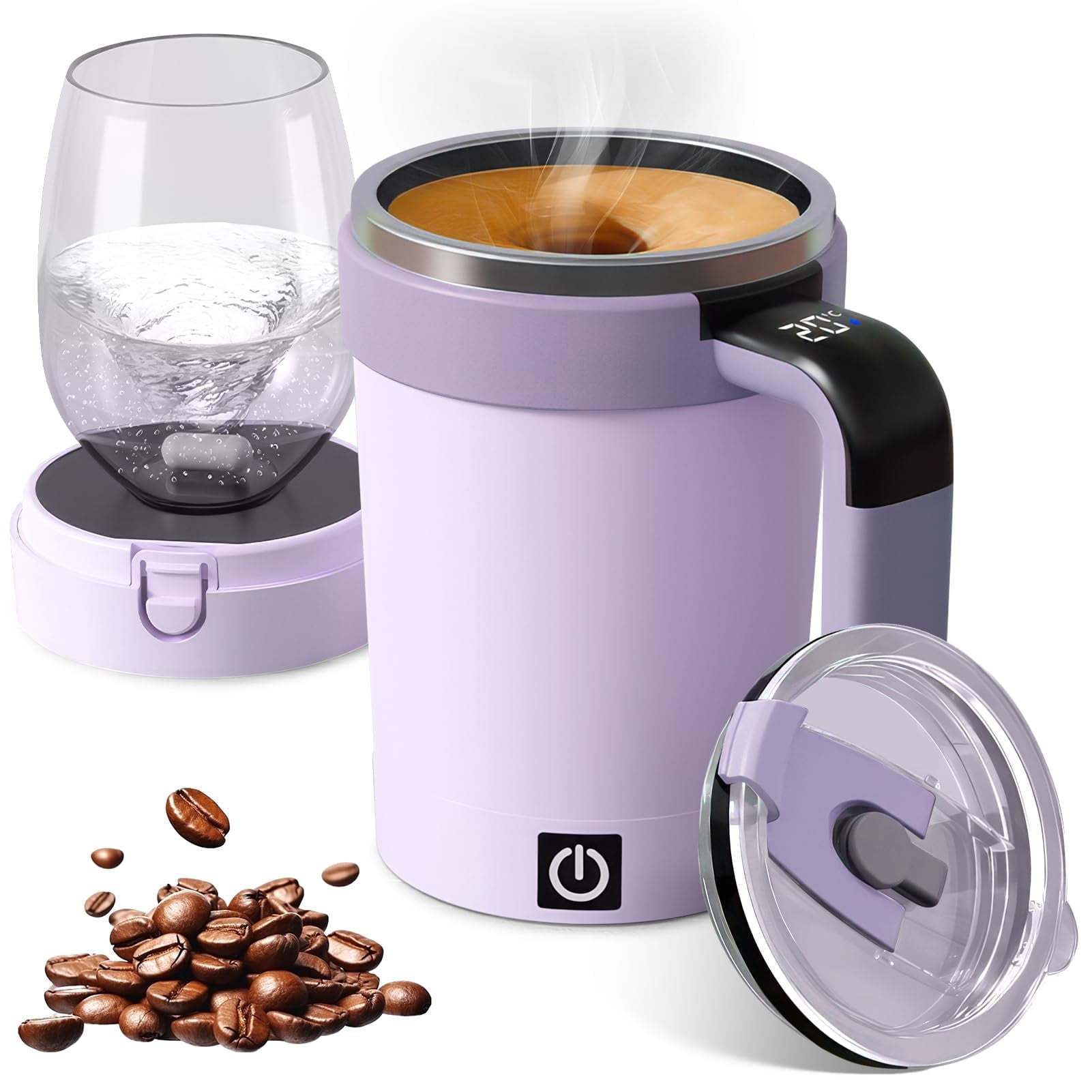 Lavendel-Thermosbecher mit aufgewirbeltem Kaffee und einem Glas Wasser, daneben Kaffeebohnen.