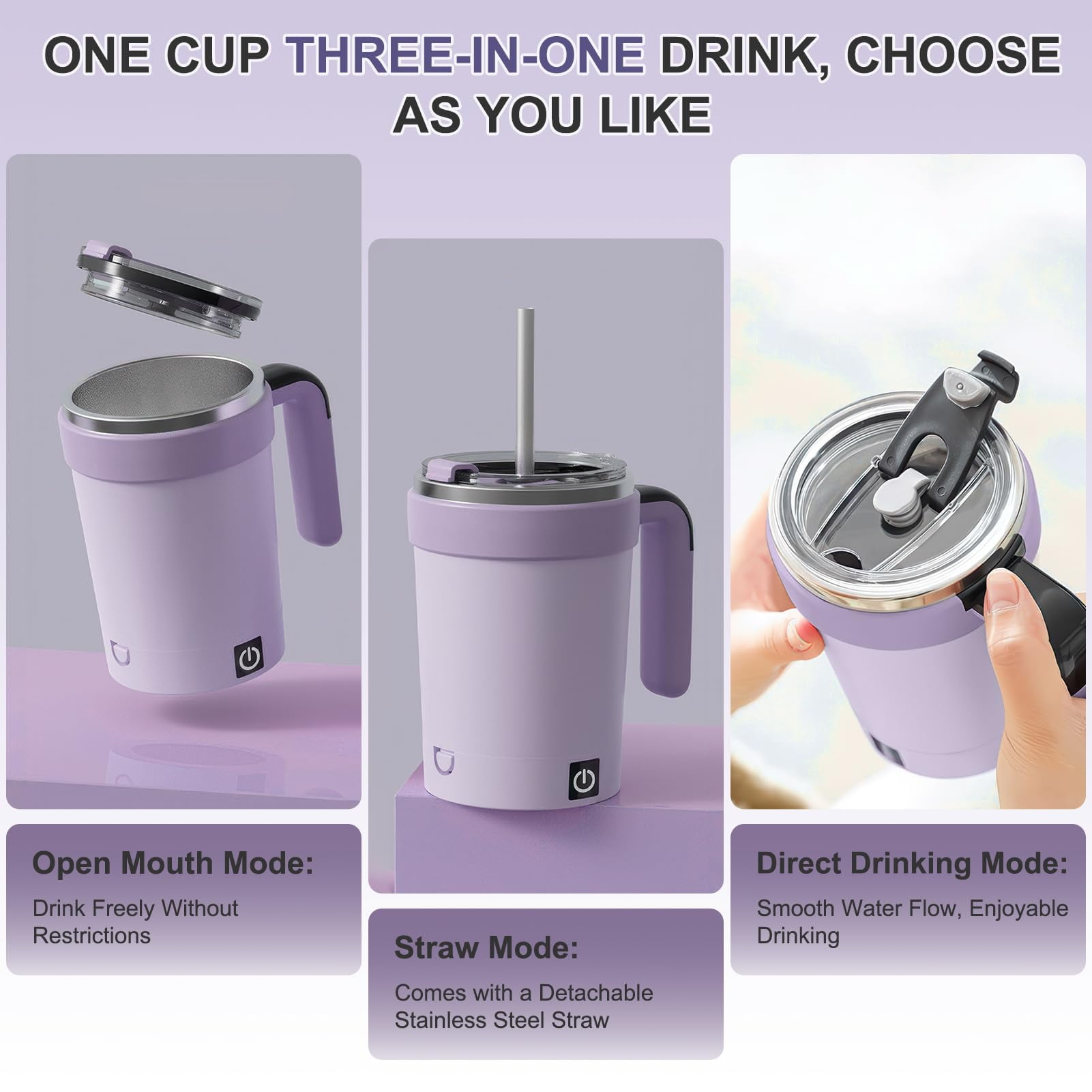 Ein lila Becher mit drei Trinkmodi: offen, mit Strohhalm, direkt.