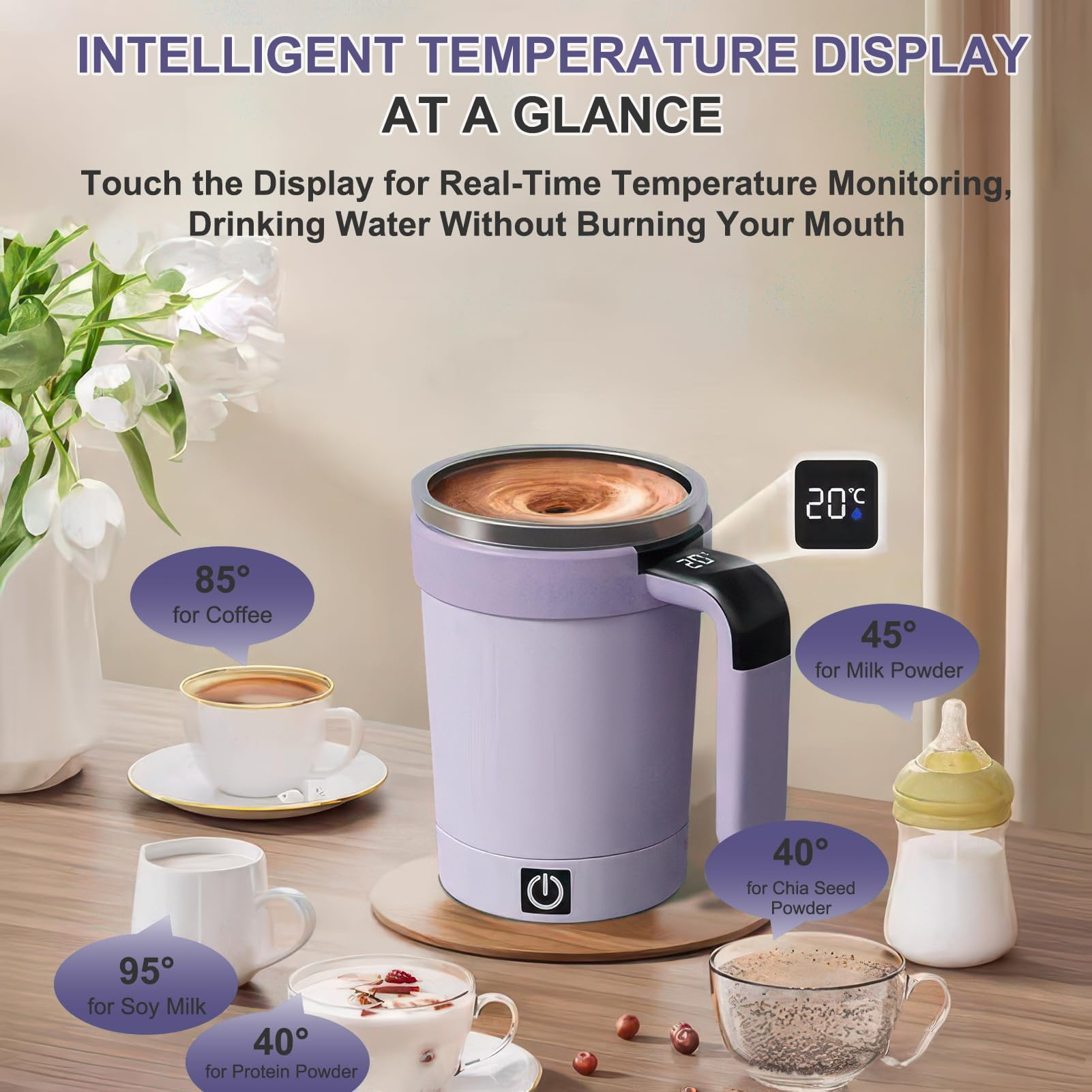 Ein lila Becher mit digitaler Anzeige zeigt verschiedene Getränketemperaturen an.