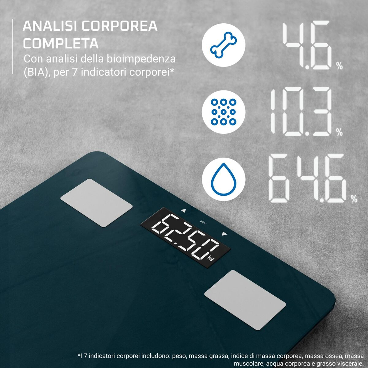 Una báscula de composición corporal muestra 62,50 kg. Se muestran iconos y valores para huesos, células y agua.
