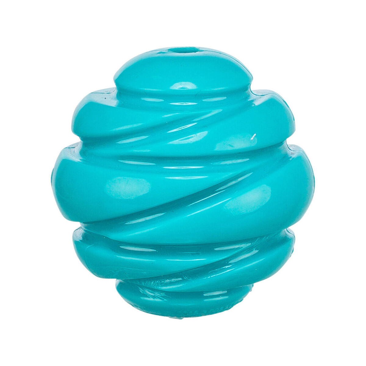 Ein türkisfarbener, spiralförmiger Hundespielzeugball mit Rillen.
