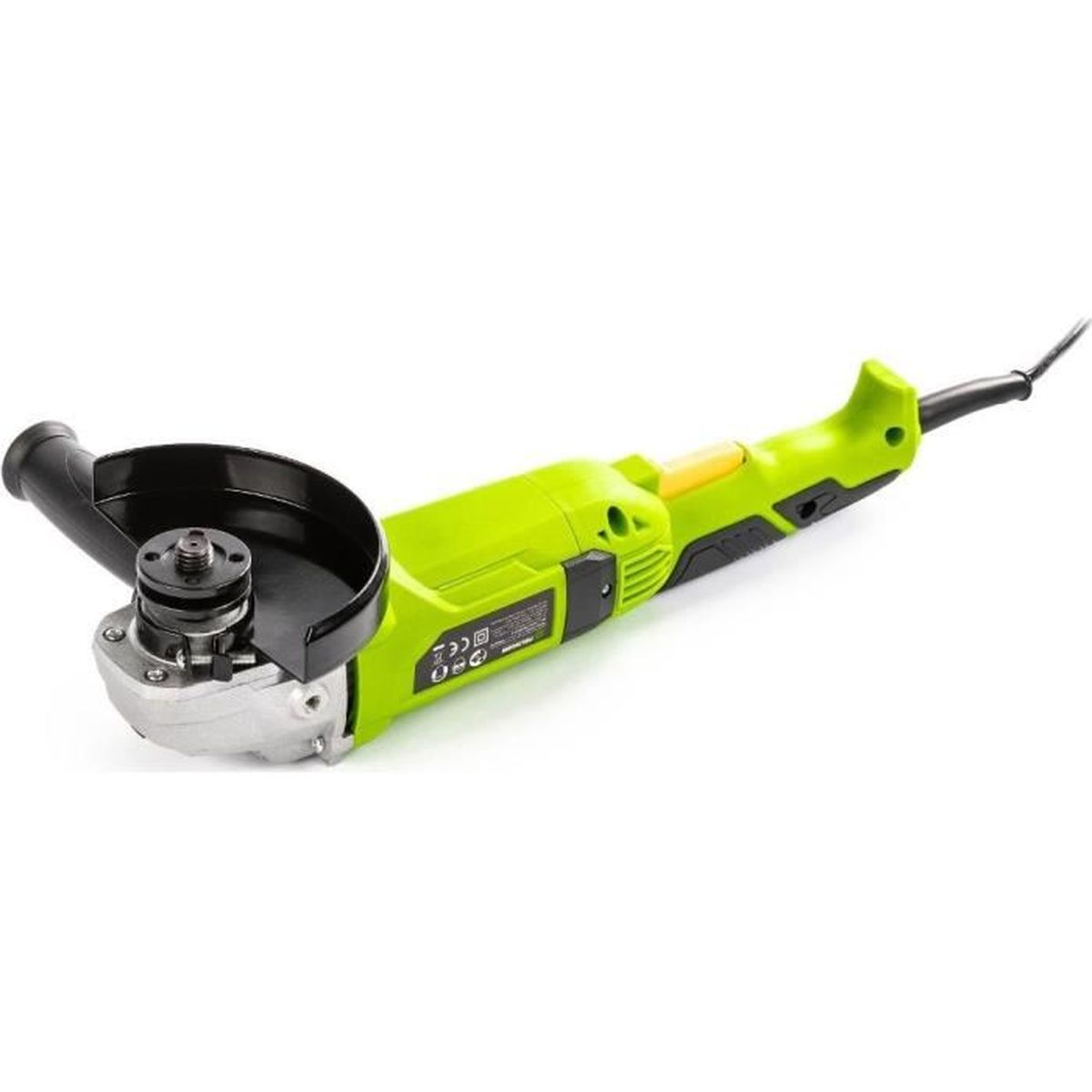 Zielona szlifierka kątowa z czarną osłoną i kablem na białym tle.