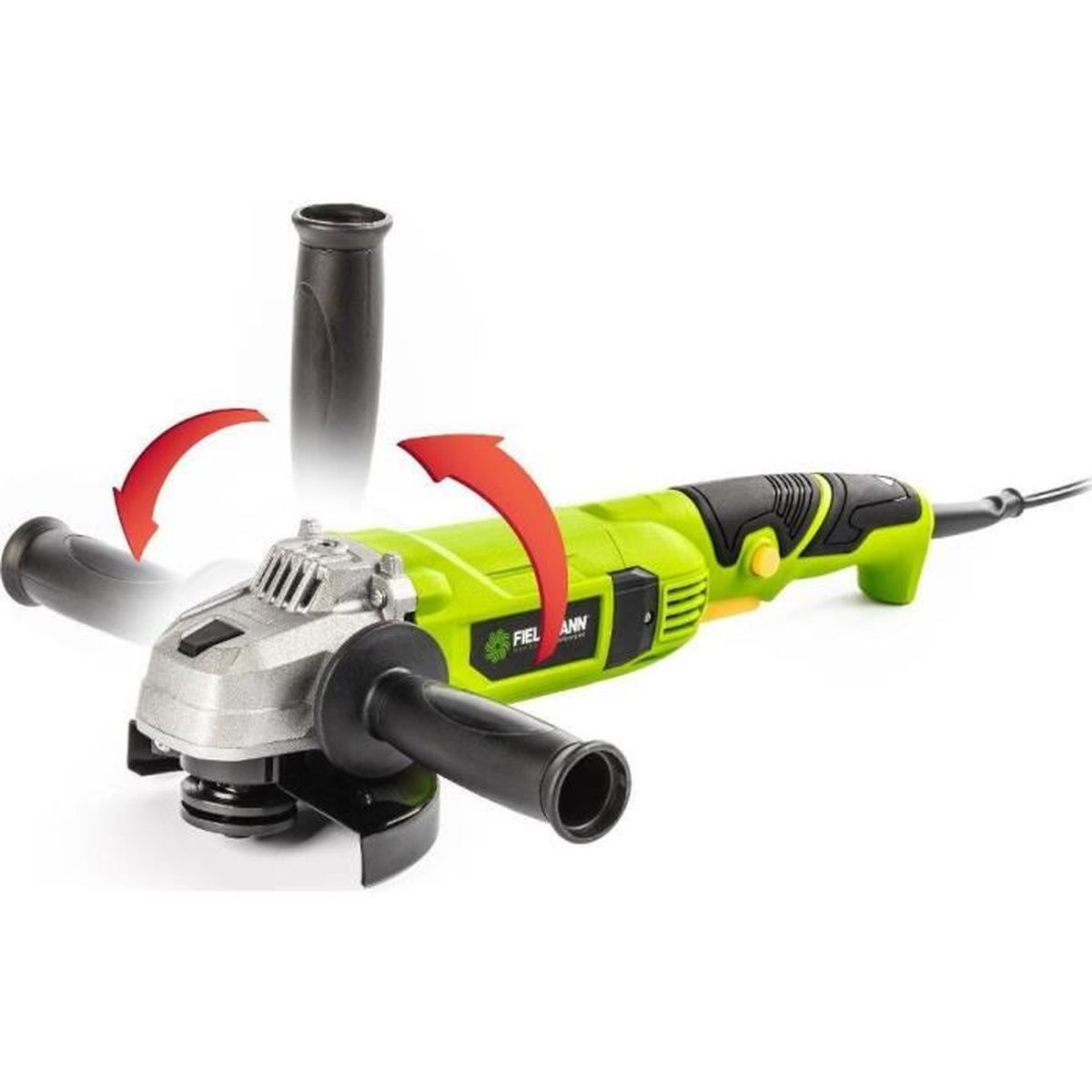 Zielona szlifierka kątowa z czarnym uchwytem i czerwoną strzałką pokazującą montaż.