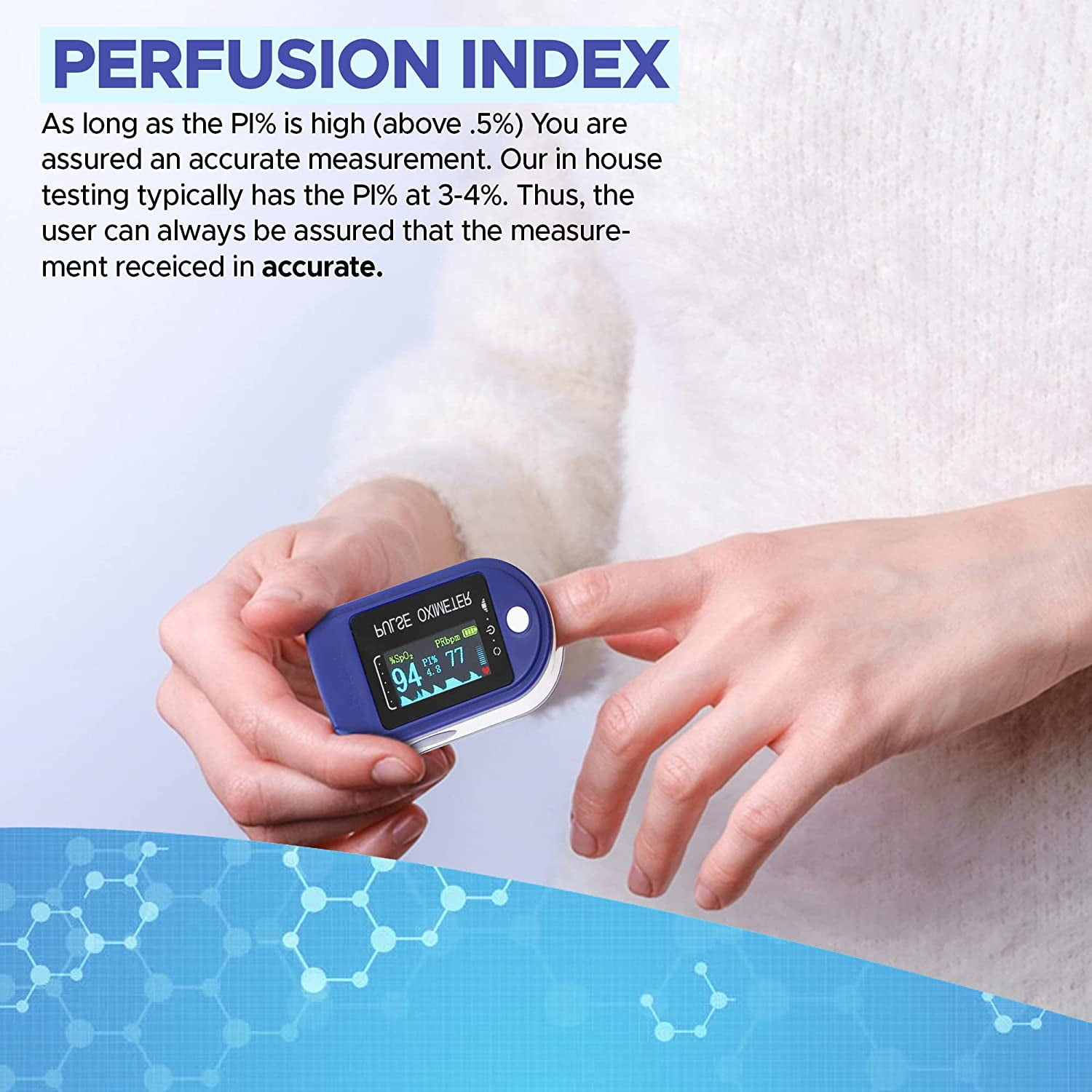 Ein Finger-Pulsoximeter zeigt SpO2 94% und Puls 77 an.