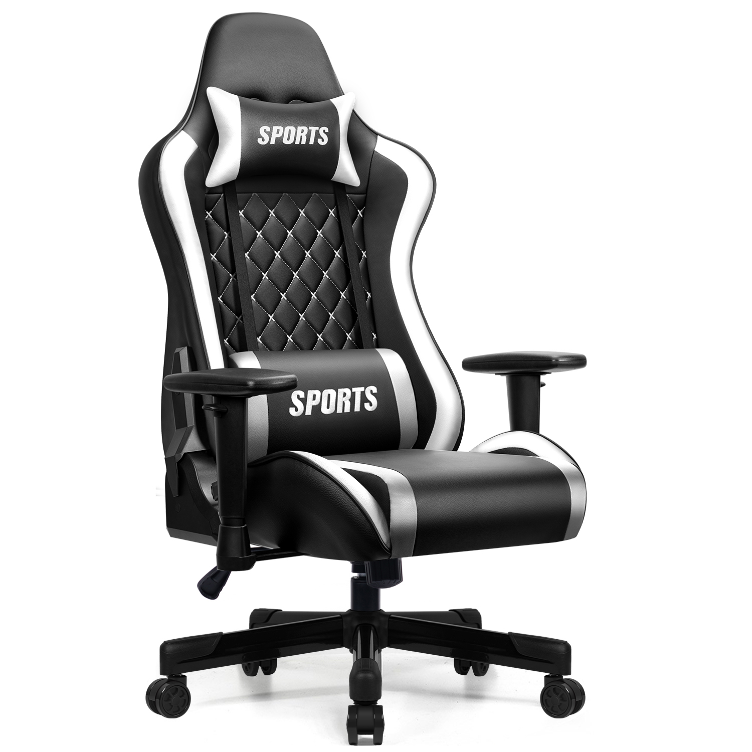 Ein schwarzer Gaming-Stuhl mit weißen Akzenten und dem Wort "SPORTS" auf den Kissen.