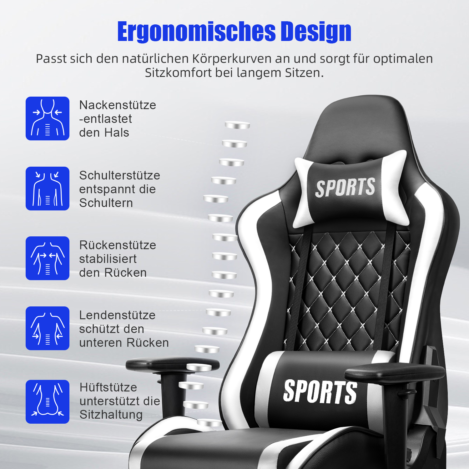 Ergonomisches Design: Nacken-, Schulter-, Rücken-, Lenden- und Hüftstütze für Komfort.