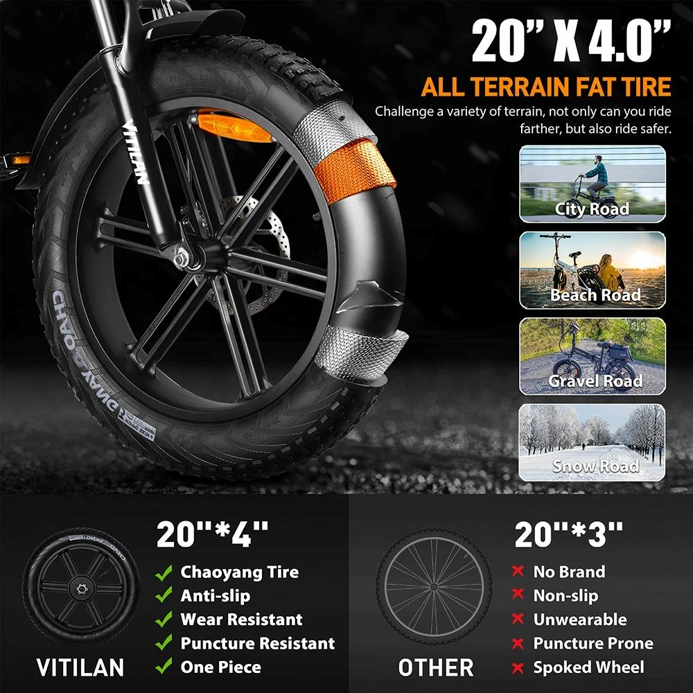 Primo piano di uno pneumatico fat bike con accenti arancioni. Confronto pneumatici.