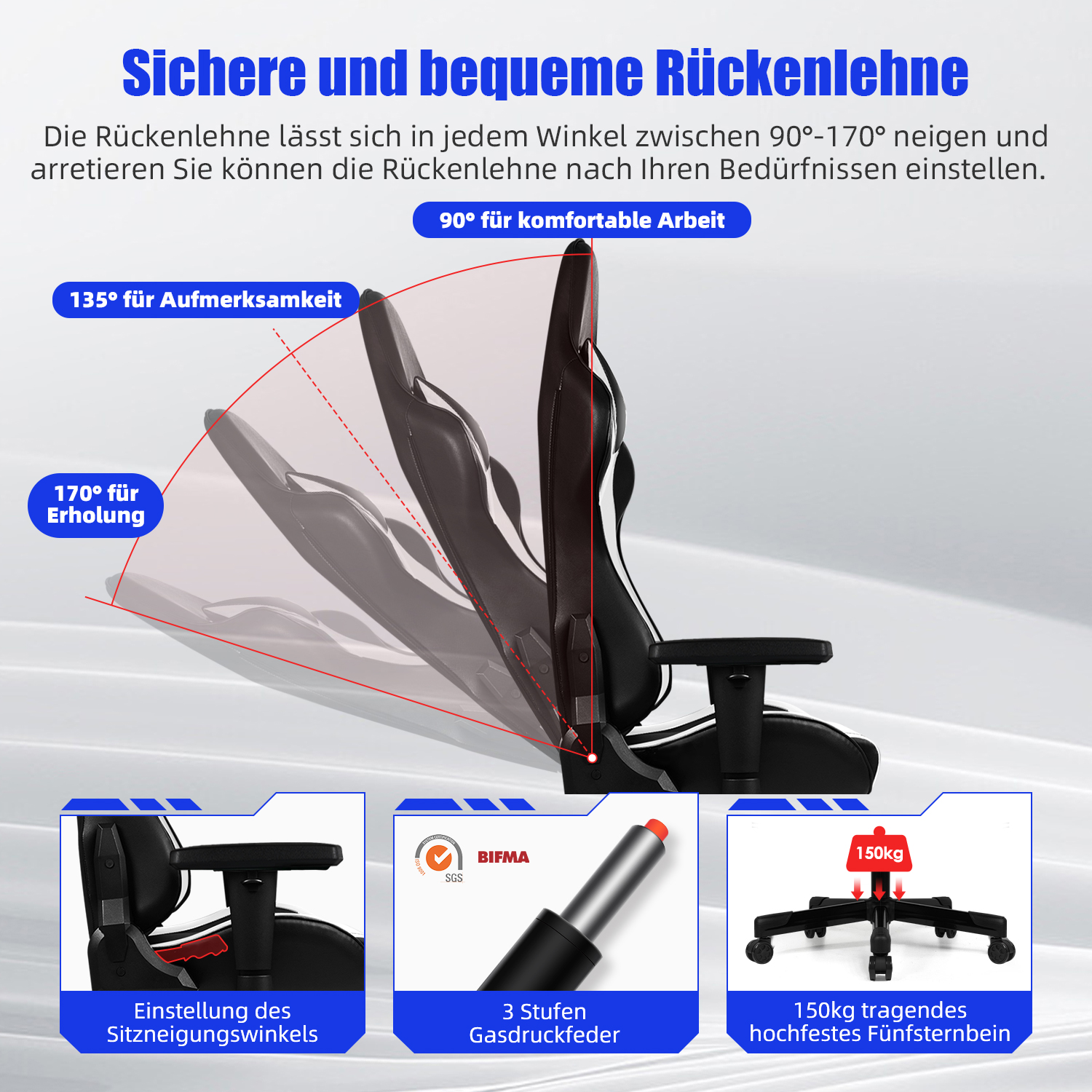 Schwarzer Bürostuhl mit verstellbarer Rückenlehne (90-170°), Gasdruckfeder, BIFMA-Zertifikat und 150kg-Tragfähigkeit.