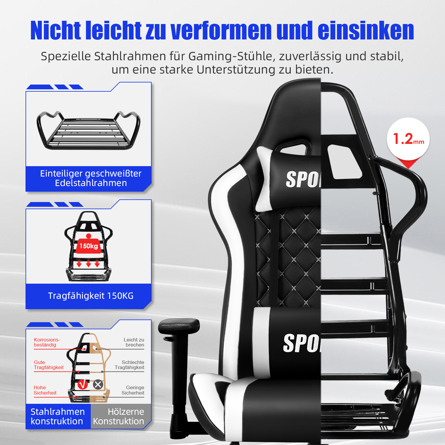 Gaming-Stuhl mit Stahlrahmen, 150kg Tragfähigkeit, 1.2mm Dicke.