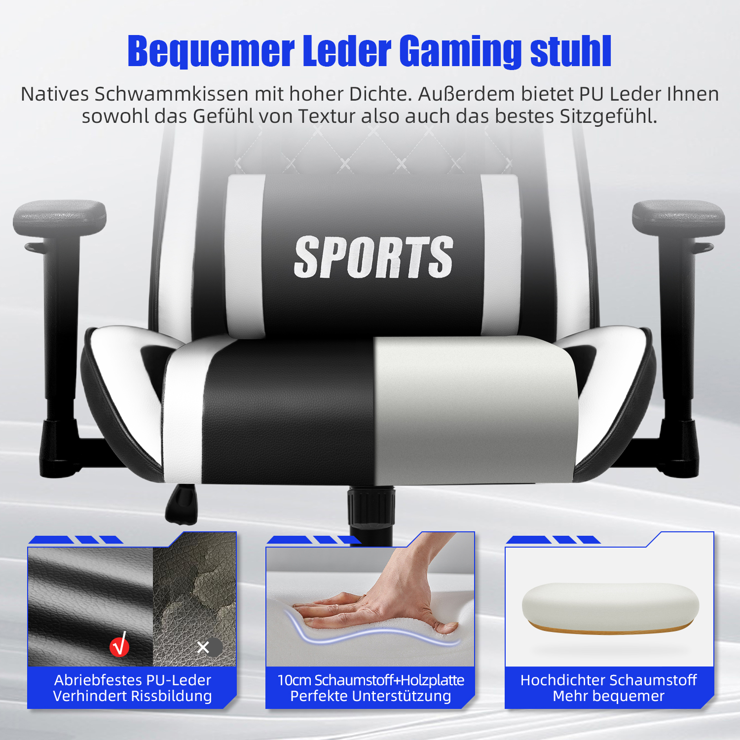 Schwarzer und weißer Gaming-Stuhl mit "SPORTS" Schriftzug und drei Detailbildern.