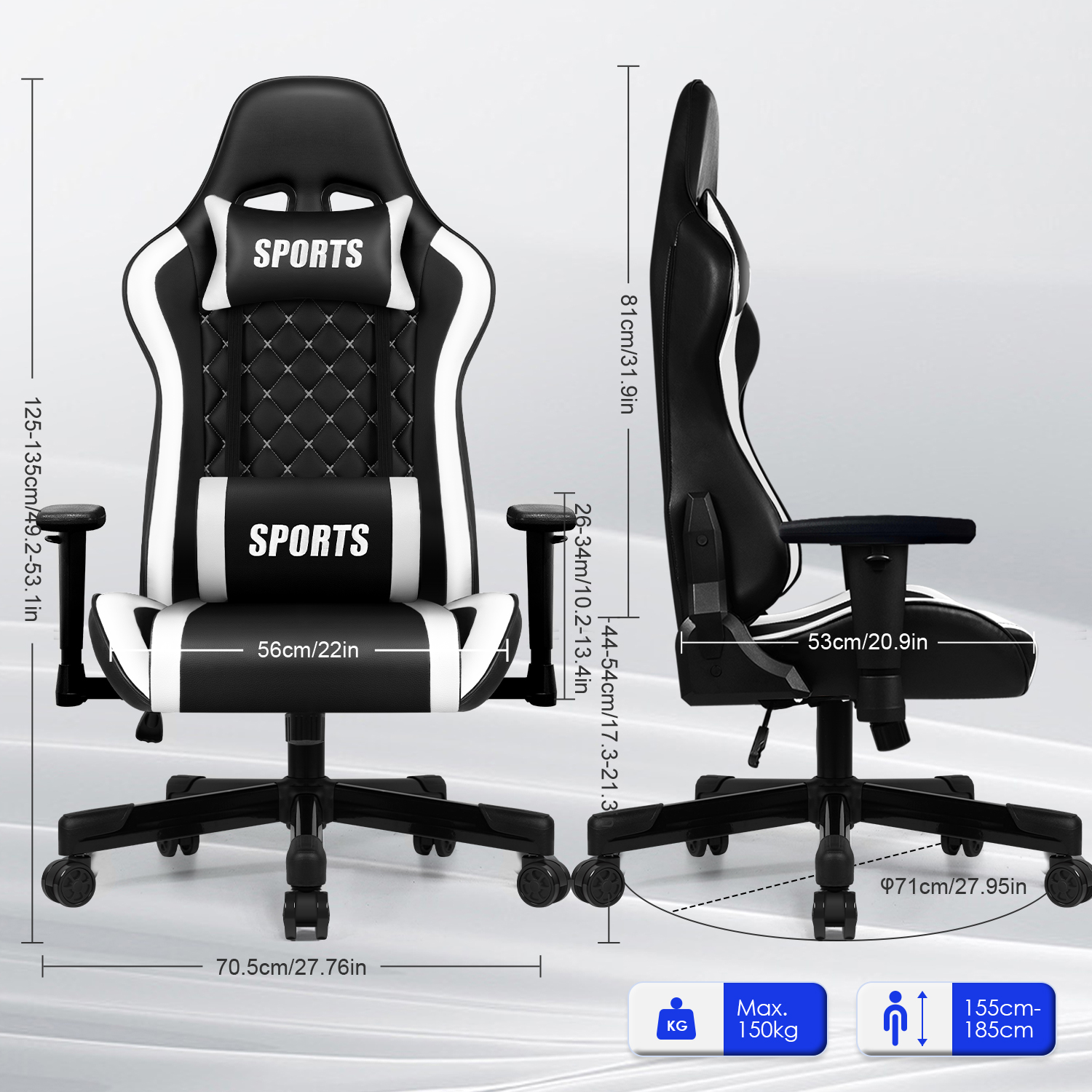 Ein schwarzer und weißer Gaming-Stuhl mit den Maßen und dem Logo 'SPORTS'.