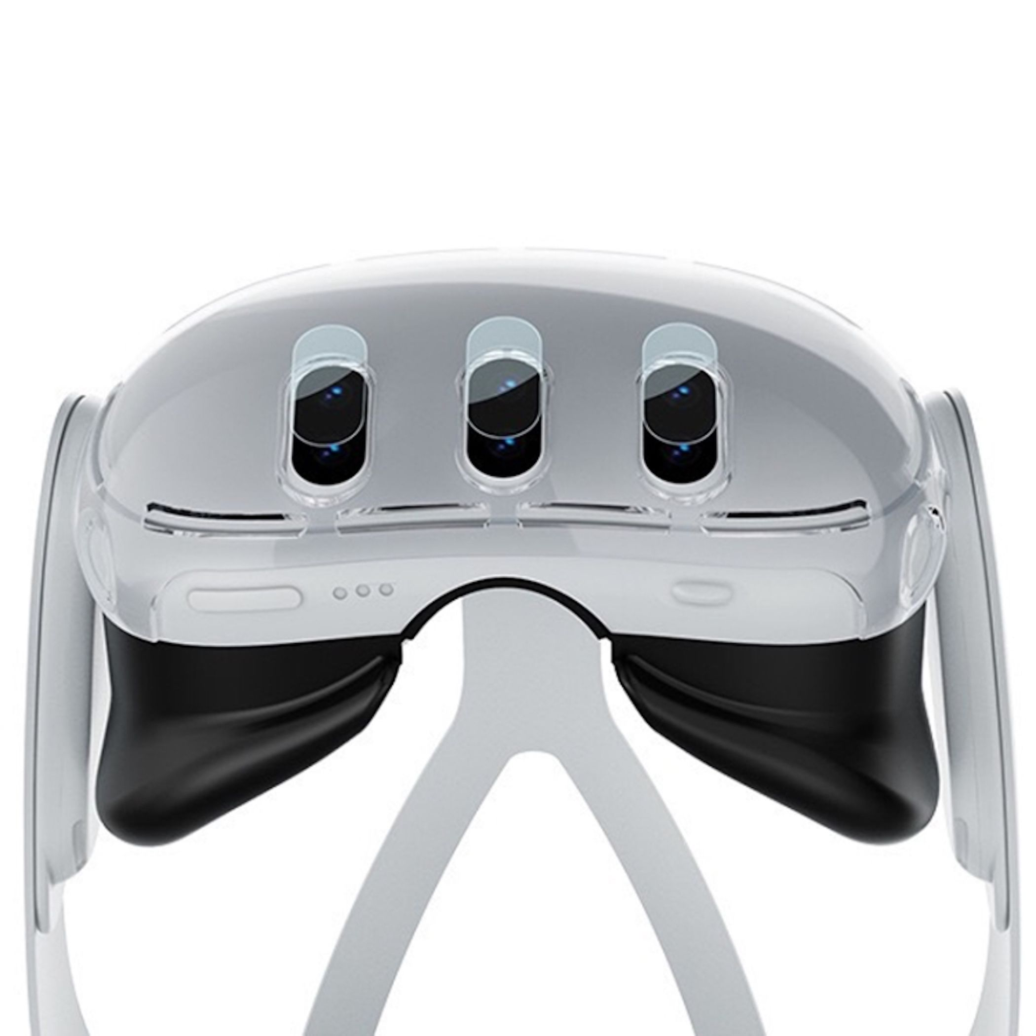 Ein silberner VR-Helm mit drei Kameras und schwarzer Polsterung.
