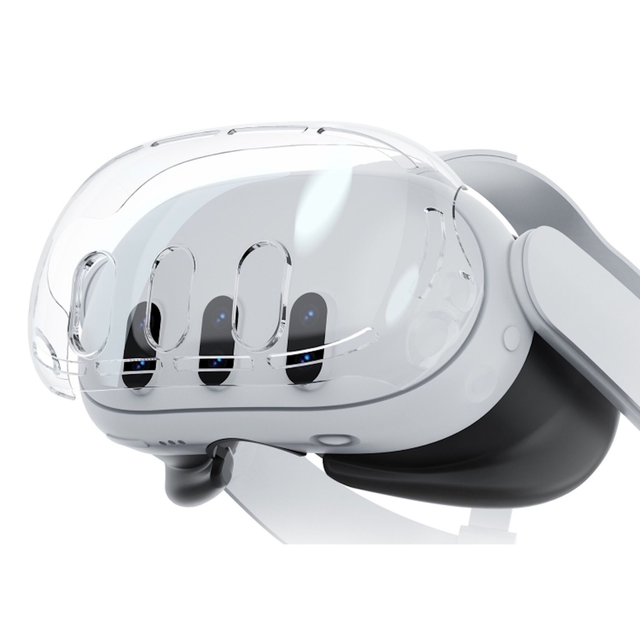 Ein weißer VR-Helm mit klarem Visier und sichtbaren Kameras.