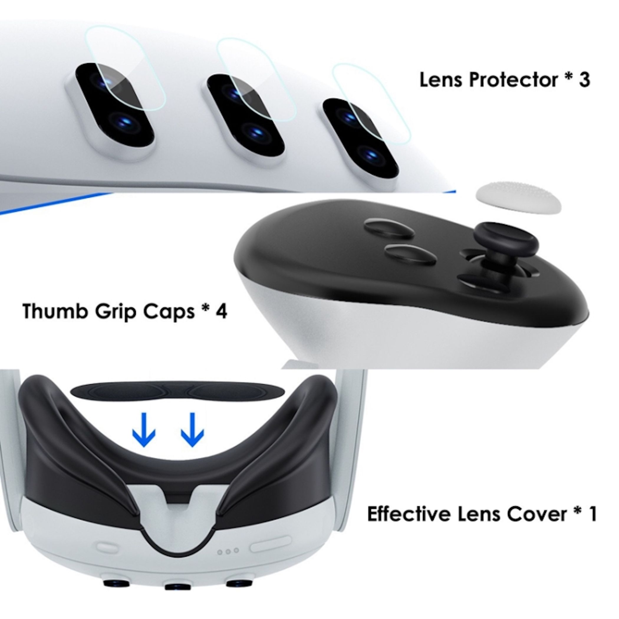 Zubehör für VR-Headset: Linsenschutz, Daumengriffkappen und effektive Linsenabdeckung.