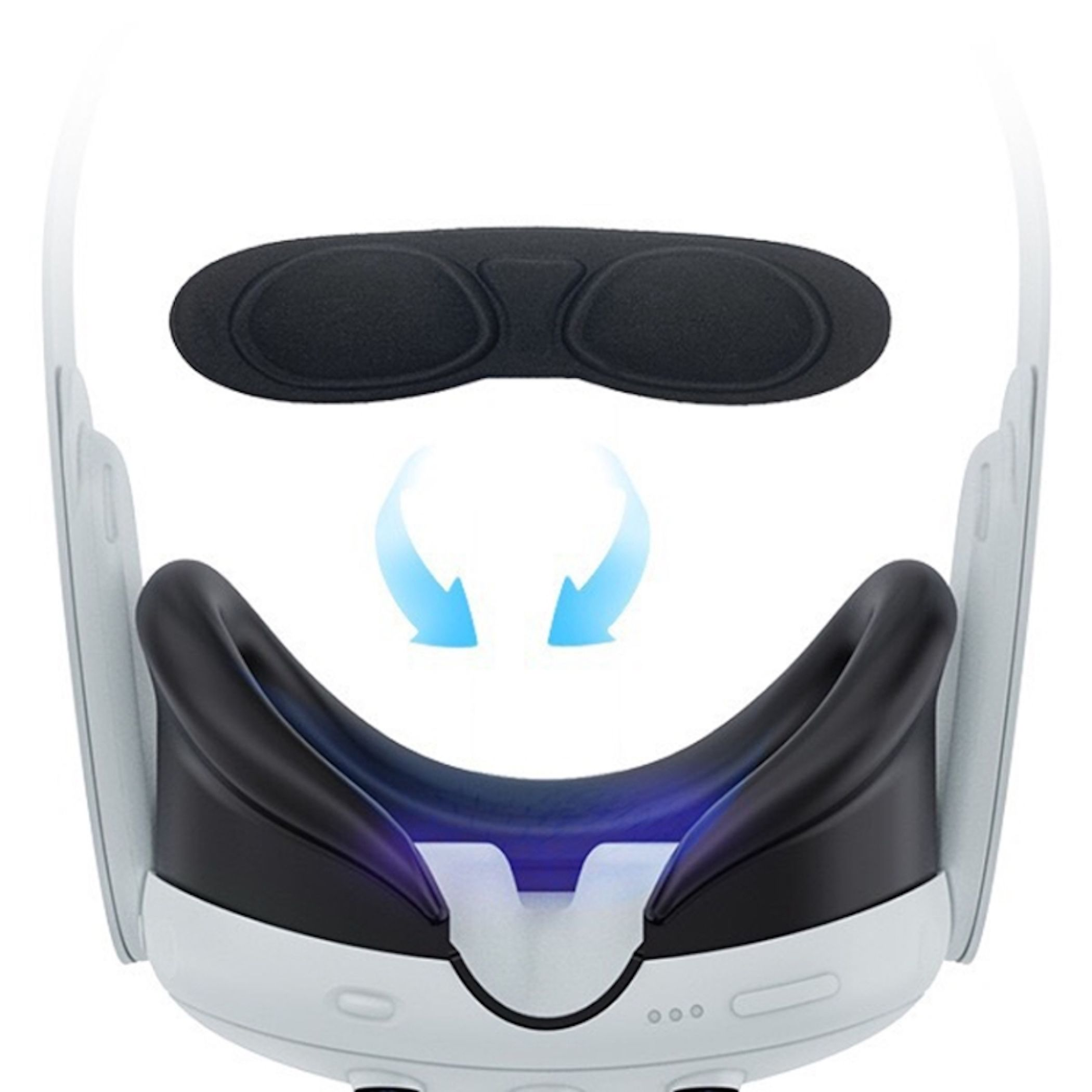 Weiße VR-Brille mit schwarzer Gesichtsauflage und schwarzer Augenpolsterung. Blaue Pfeile zeigen Luftstrom.