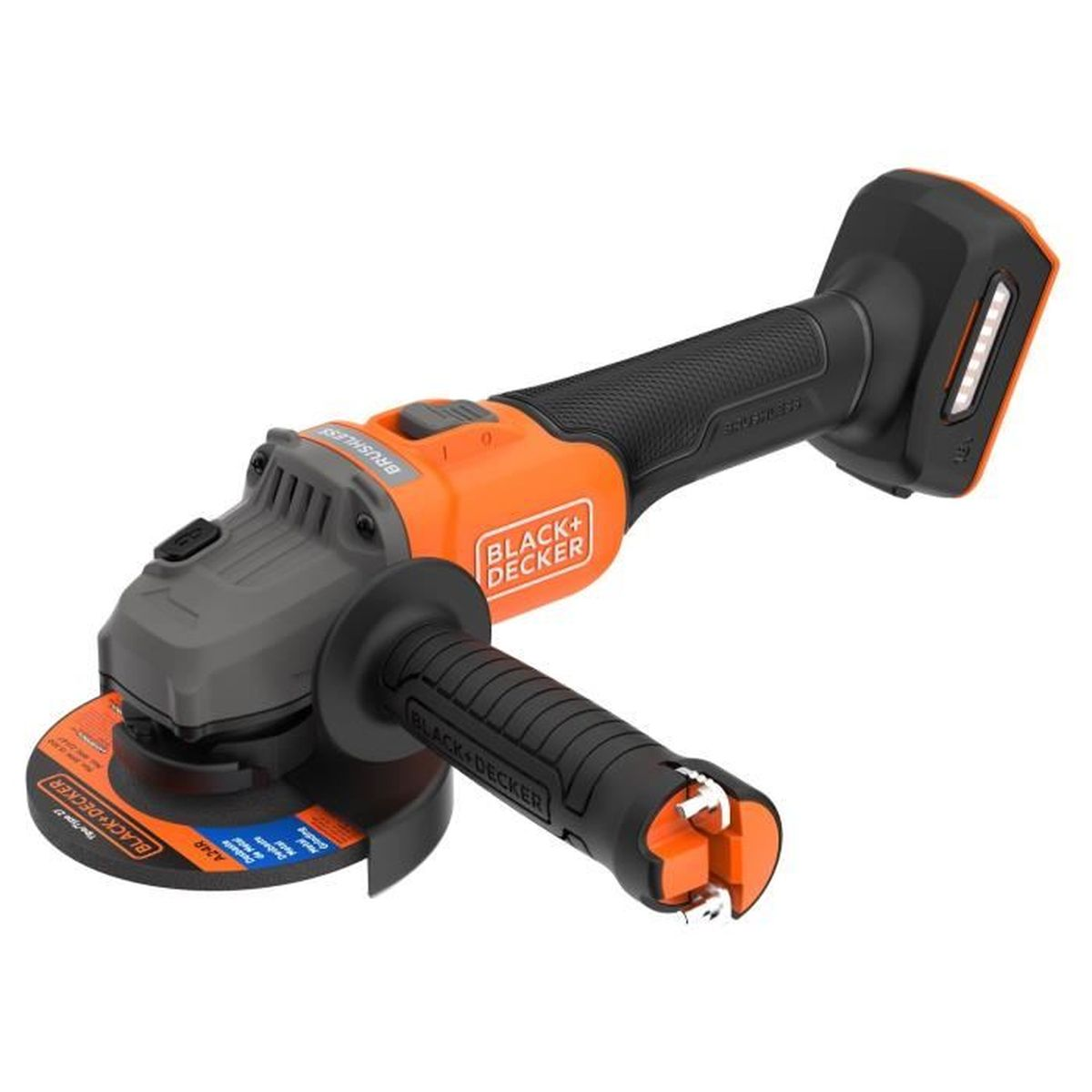 Ein orange-schwarzer Winkelschleifer von BLACK+DECKER mit Zusatzgriff.