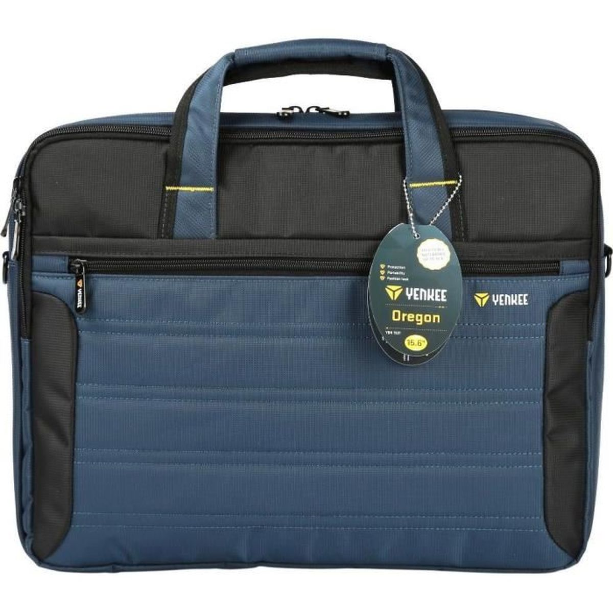Una borsa per laptop blu e nera con manici ed etichetta.