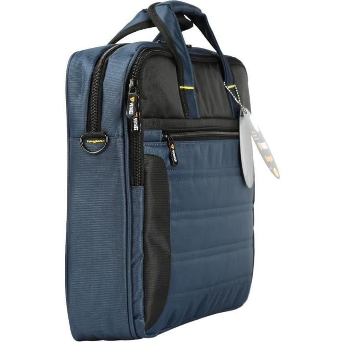 Una borsa blu per laptop con accenti neri e cerniere.
