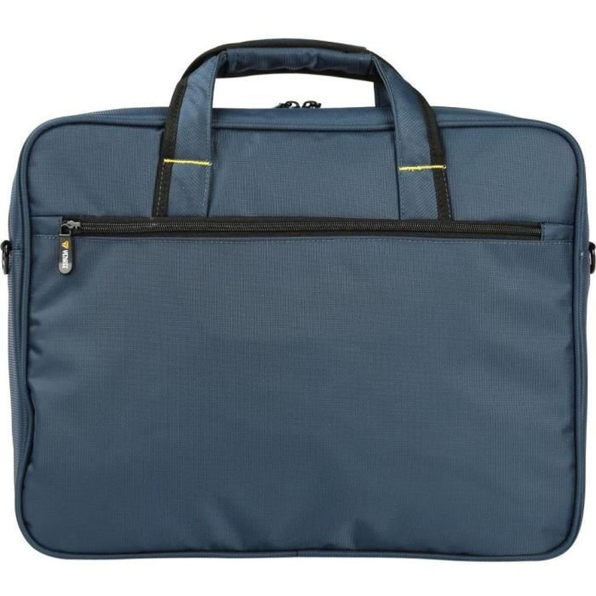 Borsa porta computer blu scuro con tasca anteriore con cerniera e manico superiore.