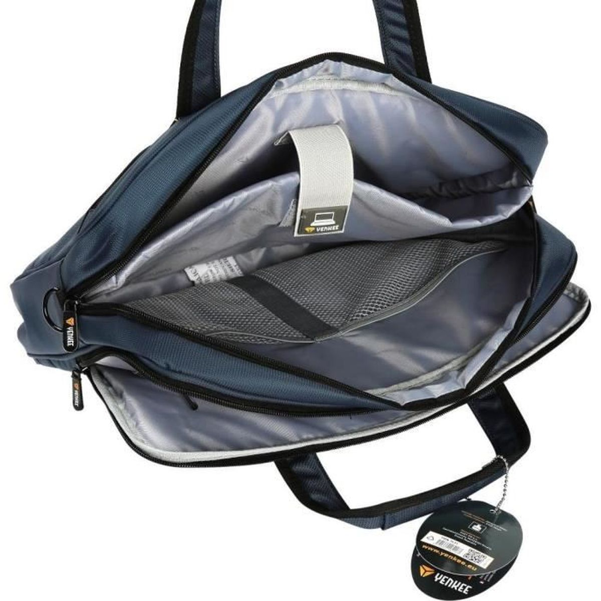 Borsa aperta per laptop blu navy con scomparti multipli e tasche in rete.