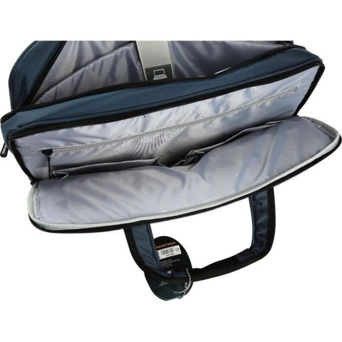 Borsa aperta per laptop blu con più scomparti e manici.
