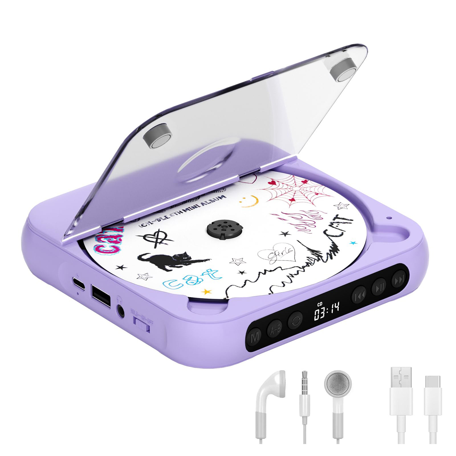 Lila tragbarer CD-Player mit geöffnetem Deckel, zeigt eine CD mit Katzen- und Spinnennetz-Designs. Zubehör inklusive.