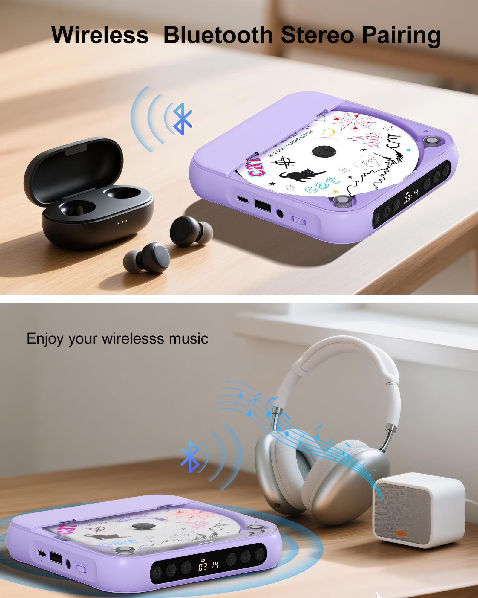 Ein lila CD-Player mit Kopfhörern und einem Lautsprecher auf einem Holztisch.
