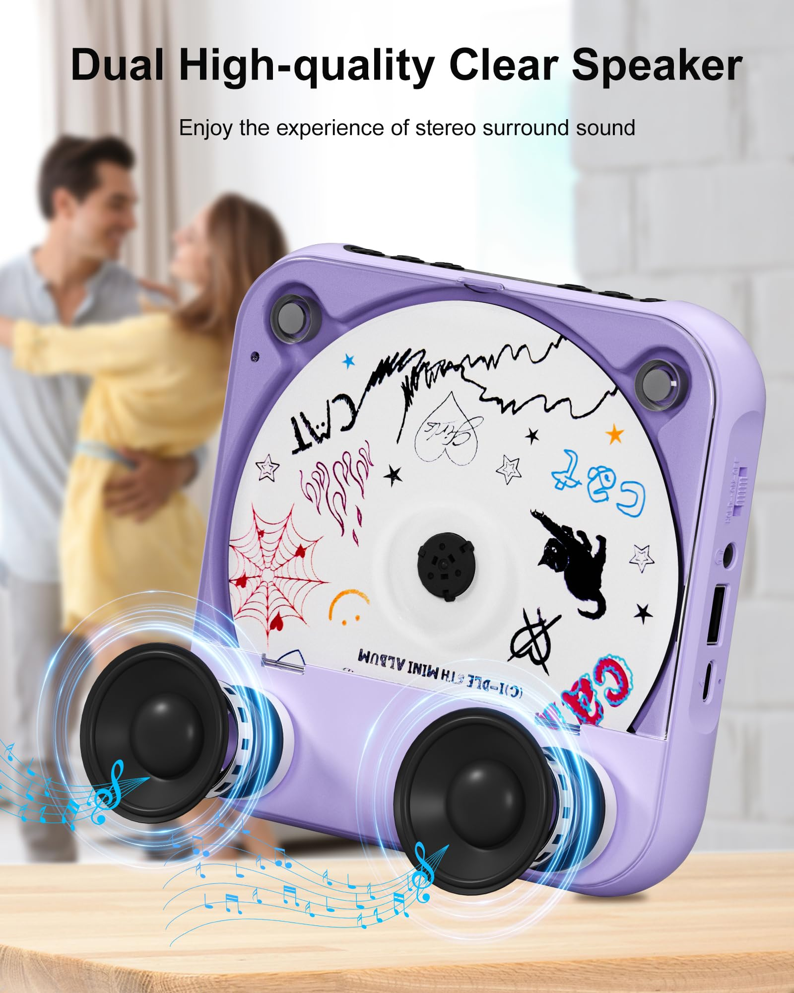 Ein lila Lautsprecher mit CD, zwei Lautsprechern und Musiknoten.