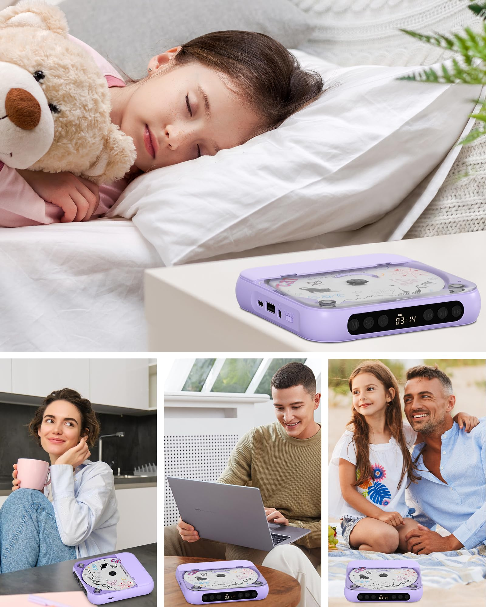 Ein Mädchen schläft mit einem Teddybär; ein tragbarer CD-Player liegt auf einem Nachttisch.