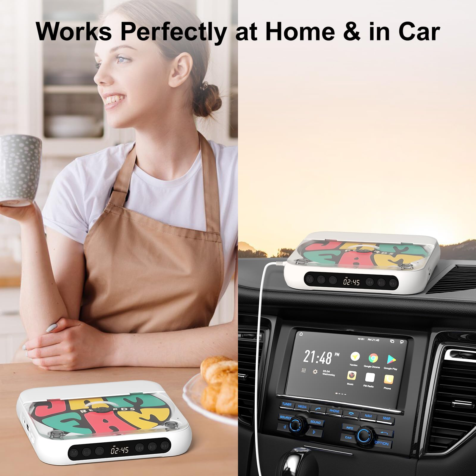 Ein CD-Player zu Hause und im Auto, mit einer Frau, die Kaffee trinkt, und einer Autokonsole.