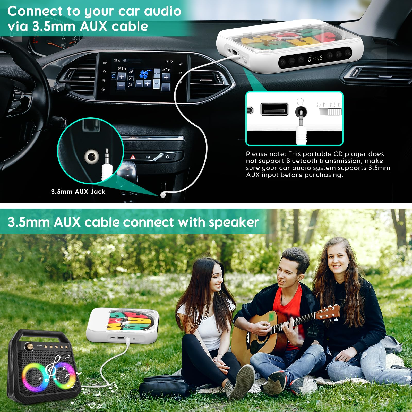 Ein tragbarer CD-Player ist über ein AUX-Kabel mit einem Auto-Audiosystem oder einem Lautsprecher verbunden.