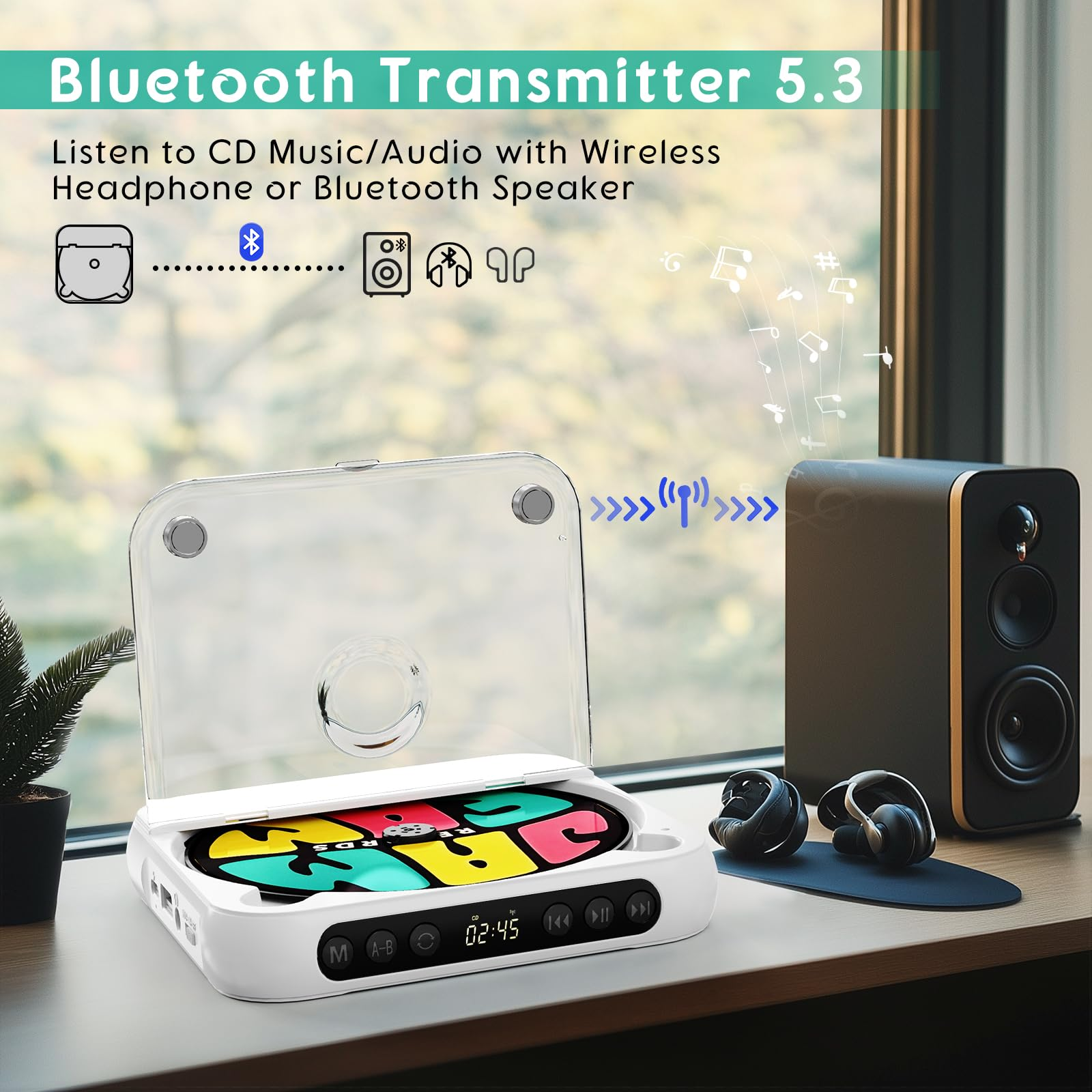 Ein weißer Bluetooth-CD-Transmitter mit einer CD, Kopfhörern und einem Lautsprecher.