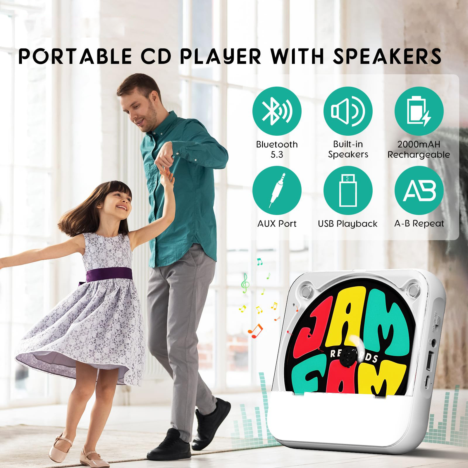 Ein Mann und ein Kind tanzen vor einem tragbaren CD-Player mit Musiknoten.