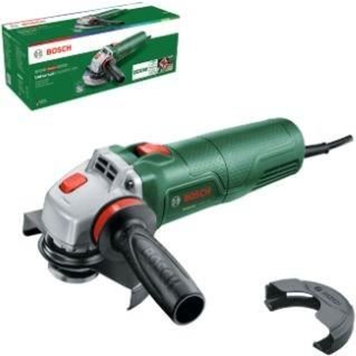 Een groene Bosch haakse slijper met accessoires en verpakking op witte achtergrond.